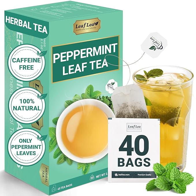 LeafLea 40 Peppermint Tea Bags, Natural Peppermint Leaf Herbal Tea with Cool Taste, Te De Menta for Gentle Digestive Support, Te De Hierba Buena, Caffeine-Free, Sugar-Free, Vegan, Individually Wrapped - Bloomnest
