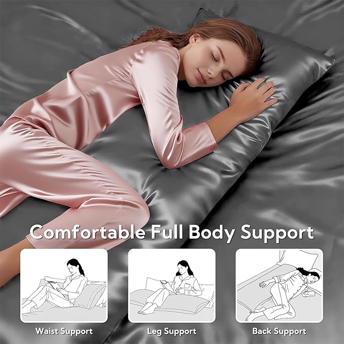 MR&HM Satin Body Pillow Cover, Soft and Breathable Body Pillow Case with Envelope Closure, Cooling and Silky Long Pillowcase for Hair and Skin,Grey (20x54, Dark Grey) - Bloomnest