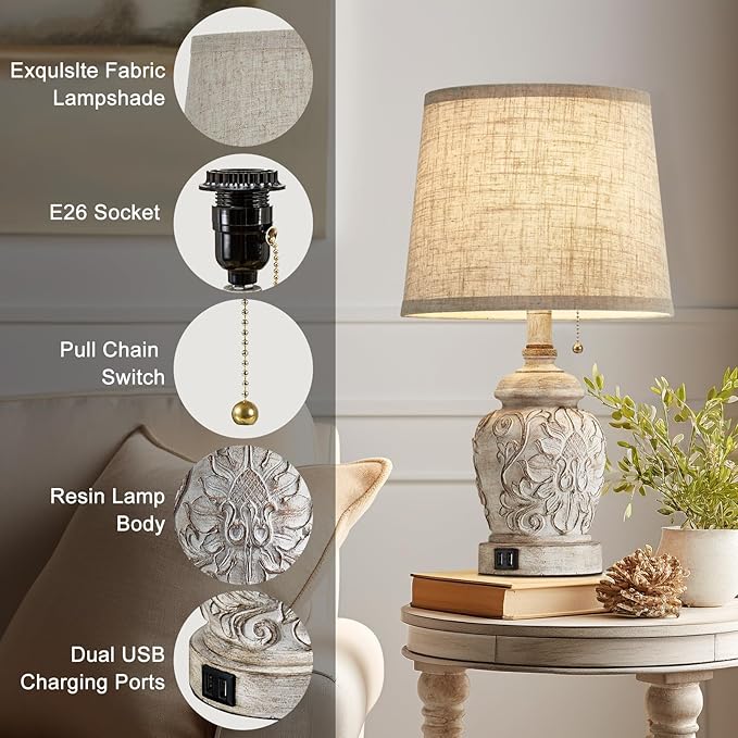 19.5" Vintage Rustic Table Lamp Set of 2 Farmhouse Table Lamps for Living Room Bedroom Decor with USB Ports Traditional Carved Floral White Bedside Night Light Lamps with Pull Chain Switch - Bloomnest