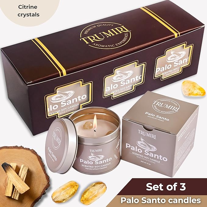Palo Santo Candle for Home - Highly Scented with Citrine Crystals - Pack of 3 x 5oz Soy Wax Organic Non Toxic for Aromatherapy Relaxation Meditation - Room Decor for Men - Pet Safe Candel TRUMIRI