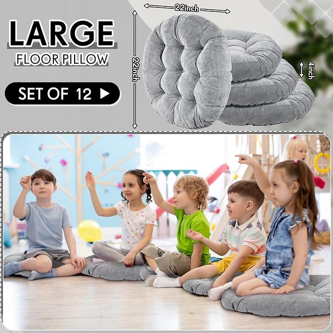 Jerify 12 Pcs Round Floor Pillows Cushions 22 x 22 Inch Large Flexible Seating Cushion Classroom Furniture Floor Pillow for Kids Adults Home Daycare Preschool Yoga Meditation Gift (Light Gray) - Bloomnest