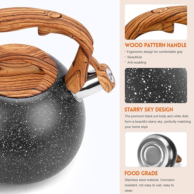 GGC Tea Kettle for Stove Top, Loud Whistling Kettle for Boiling Water Coffee or Milk, 3.1 Quart Heavy Stainless Steel Starry Black Kettle with Wood Pattern Handle, Unique Button Control Kettle Outlet - Bloomnest