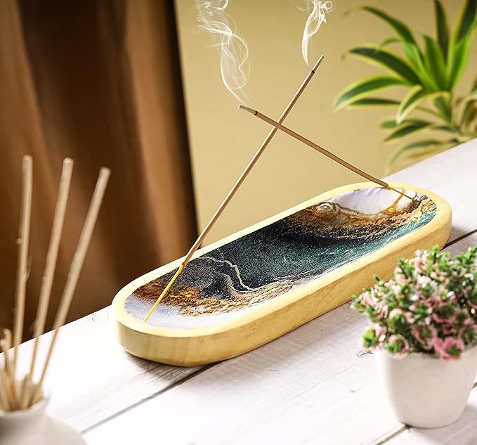 Bless-International Traditional-Handmade-Tray-Burner Wooden-Trat-Incense-Stick-Holder Ash-Catcher-Stand for-Aromatherapy-Meditation-Yoga (Green White Agate, 11x4x1.22 Inches) - Bloomnest