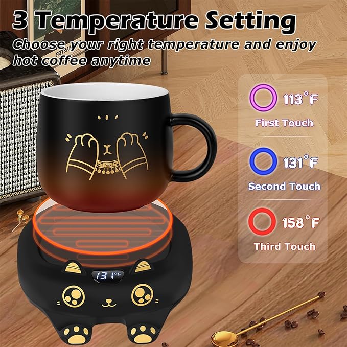 PUSEE Coffee Mug Warmer & Cute Cat Mug Set, Coffee Cup Warmer for Desk with Auto Shut Off, Beverage Warmer with 3 Temp Settings, Candle Warmer Coffee Warmer with Mug Set for Christmas & Birthday Gifts - Bloomnest