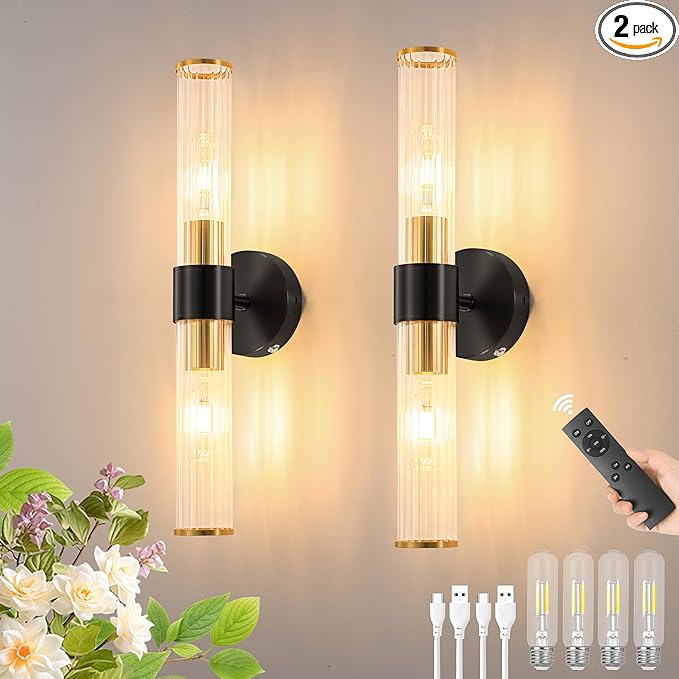 Black Gold Battery Operated Wall Sconces Set of 2, Rechargeable Wall Lights with Dimmable Remote Control, 20“ Modern Sconces Wall Decor, Wireless Wall Lamp for Bedroom, Living Room (Bulbs Included) - Bloomnest