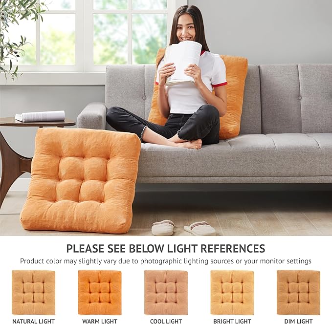 Degrees of Comfort Meditation Floor Pillow Set of 2, Square Large Pillows Seating for Adults, Tufted Corduroy Cushions for Balcony Outdoor Tatami Living Room, Orange Yellow, 22x22 - Bloomnest