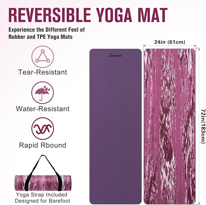 UMINEUX Extra Thick Yoga Mat, 2/5 Inch (10MM), Natural Rubber and TPE Non Slip Yoga Mats with Strap for Women Men, Eco Friendly Exercise Mat for Yoga, Pilates and Home Workout - Bloomnest