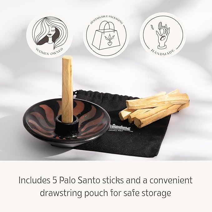 Luna Sundara Authentic Peru Pottery Palo Santo Stick Holder and Incense Holder with 5 Palo Santo Sticks Handmade Ceramic Smudge Bowl Sage Holder Red Gift Set LunaSundara