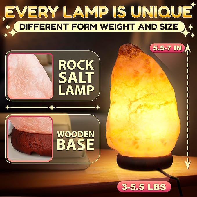 Himalayan Salt Rock Lamp with Dimmer – Hand-Carved Himalayan Salt Lamp 5.5–7 Inch (3-5.5 Lbs) with Wooden Base, Cord & Bulb – Adjustable Warm Amber Glow for Bedroom, Living Room, or Meditation Space