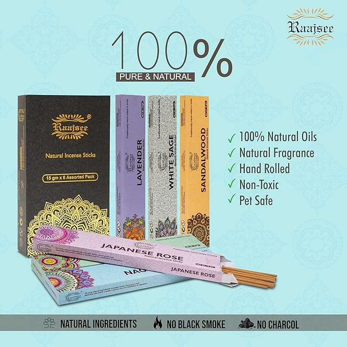 Raajsee Natural Incense Sticks,6 Pack Mixed Scents Gift Pack 15 gm Each (90 gm Total), Insense Sticks Variety Pack, 100% Organic Non Toxic Natural - Hand Rolled Free from Chemicals RAAJSEE