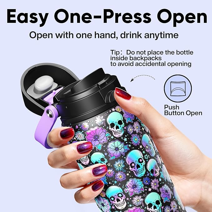 Insulated Water Bottle with Straw - Encool Stainless Steel Water Bottle with Push Button Lid, Leak-Proof & BPA-Free, Keeps Cold for 24 Hours for Sports, Travel, Gym (32 oz, Floral Afterlife) ENCOOL