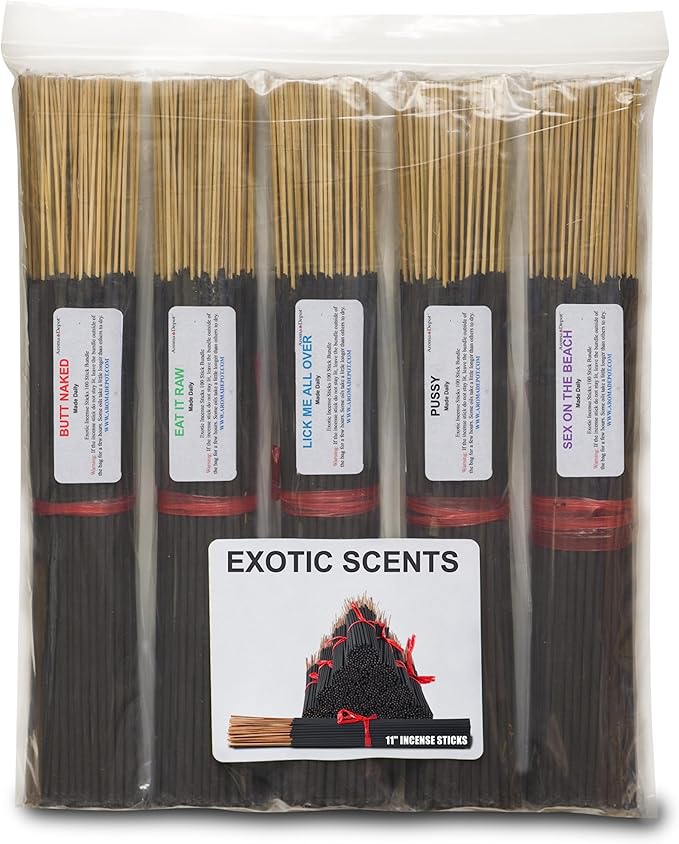 Exotics Scents 11'' Incense Sticks - Variety Set 500 Pack - 11 inch - 5 Bundles 100 Sticks Per Fragrance Scent. Set Features Butt Naked, Eat it Raw, Lick Me All Over, Pussy, Sex on The Beach AromaDepotInc