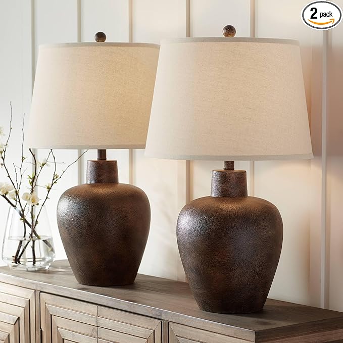 Regency Hill Glenn 27" Tall Urn Farmhouse Rustic Natural Cottage Southwestern Table Lamps Set of 2 WiFi Smart Socket Dark Terra Cotta Finish Living Room Bedroom Bedside Nightstand Fabric Shade - Bloomnest
