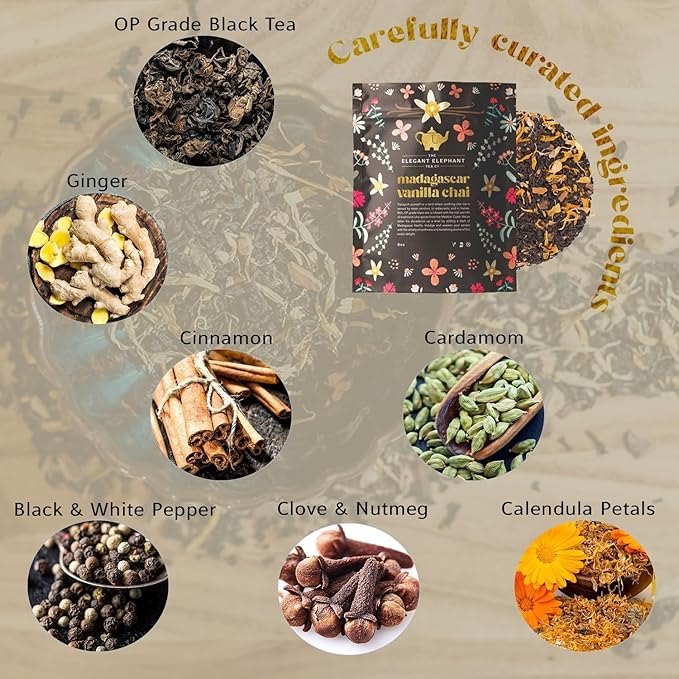 Madagascar Vanilla Chai Tea, Organic Loose Leaf Chai Tea – Black Tea with Chai Spice Blend – Great Hot or Iced Chai Latte – 8 oz Resealable Bag (Makes 100 Cups) – The Elegant Elephant - Bloomnest