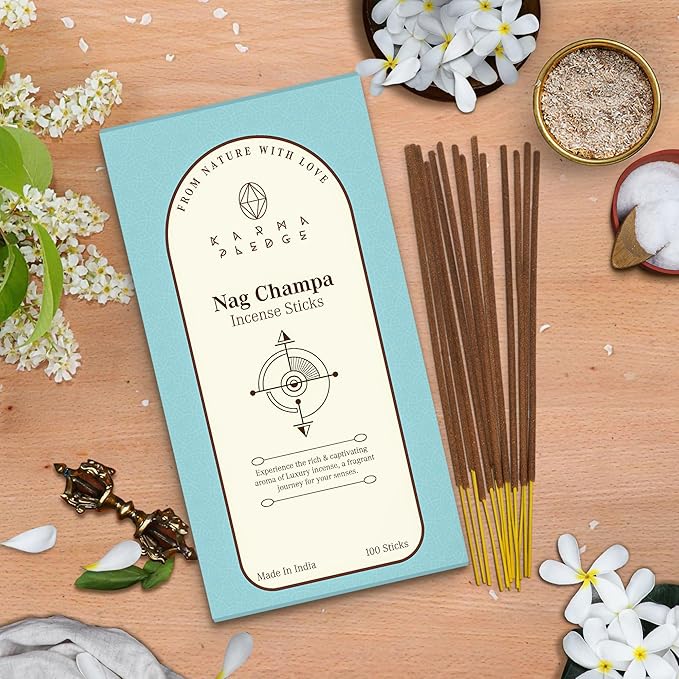 Nag Champa Incense Sticks, Organic Hand Dipped 100 Sticks with Natural Herbs & Aromatic Ingredients, Burn Time 45 to 60 Minutes, Incense for Positivity, Yoga, Meditation, Relaxation, Spiritual Gift KARMAPLEDGE
