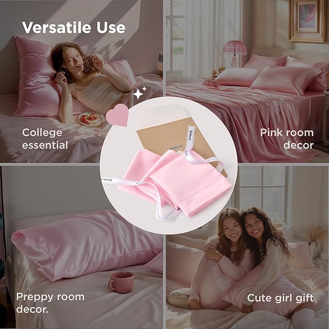 Bedsure King Size Satin Pillowcase Set of 2 - Pink Silky Pillow Cases for Hair and Skin with Envelope Closure, Similar to Silk Pillow Cases, Valentine Gifts for Women Girls, 20x36 Inches, 2pcs - Bloomnest