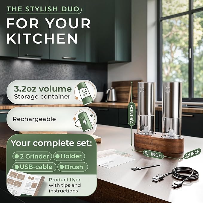 WALDWERK Electric Salt and Pepper Grinder Set (300 mAh Rechargeable Battery) - Salt and Pepper Shakers with Elegant Acacia Wood Stand – Rechargeable Automatic Salt and Pepper Grinder Set - Bloomnest