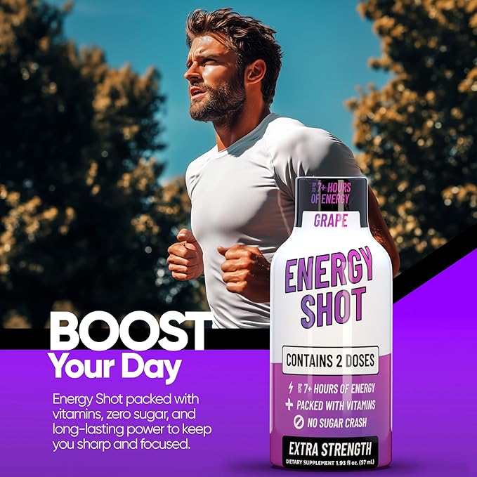Grape Extra Strength Energy Shot 48 pk – 260mg Natural Caffeine B12 B6 – Energy & Focus Support – 2 Servings Sugar Free Zero Calorie Green Tea B-Vitamins Electrolytes Vegan – 1.93 fl oz - Bloomnest