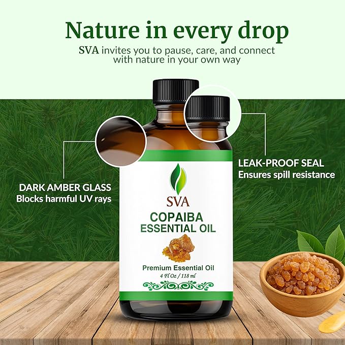 SVA Copaiba Essential Oil – 4 Fl Oz – 100% Natural Copaiba Oil - for Diffuser, Hair Care, Face, Skin Care, Aromatherapy, Scalp and Body Massage, Soap and Candle Making – with Dropper - Bloomnest