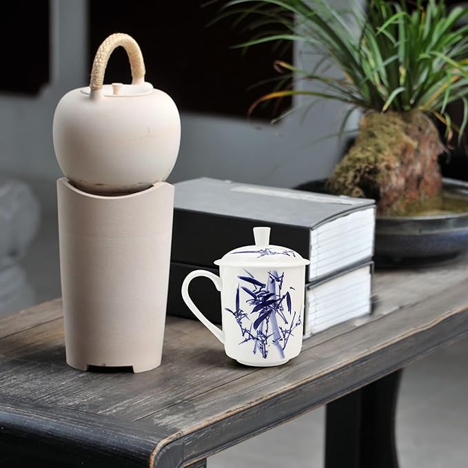 17oz 500ml Chinese Mug Bone China Coffee Teacup with Lid, Small Teapot, High Hand Blown Porcelain Covered Infuser Set for Asian Loose Leaf Gongfu Tea Blue Flower Brewing System for Office Travel Home