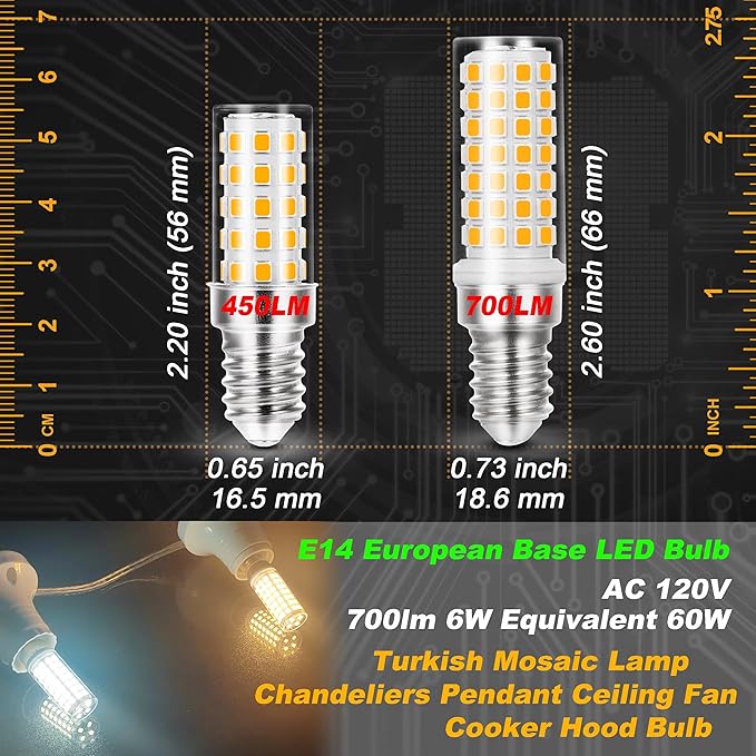 E14 T6 C7 LED Light Bulb 6W AC120V Warm White 2700K 700lm Equivalent 60W E14 European Base LED Bulb Replacement Chandeliers Pendant Ceiling Fan Range Cooker Hood Bulb Turkish Lamp,Non-Dimmable, 3 Pack - Bloomnest