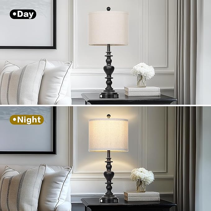 Farmhouse Table Lamps Set of 2, 27" Black Vintage Bedside Lamps with USB A+C Charging Ports, 3-Way Dimmable Touch Control Rustic Nightstand Lamp for Living Room Office(Bulbs Included) - Bloomnest