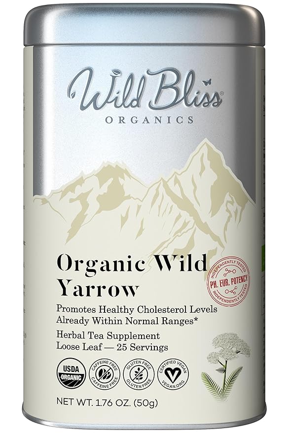 Wild Bliss Organic Yarrow Tea - Caffeine Free Loose Leaf Herbal Tea - Pharmacopoeia Potency - 1.76 Ounces - 25 Servings - Bloomnest