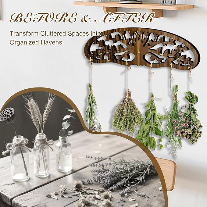 Herb Drying Rack - Wall Mounted Tree Design Holds 11 Bouquets, Space Saving Kitchen Herb & Flower Dryer, Rustic Wooden Hanging Decor for Gardeners, Crafters (dark brown) - Bloomnest
