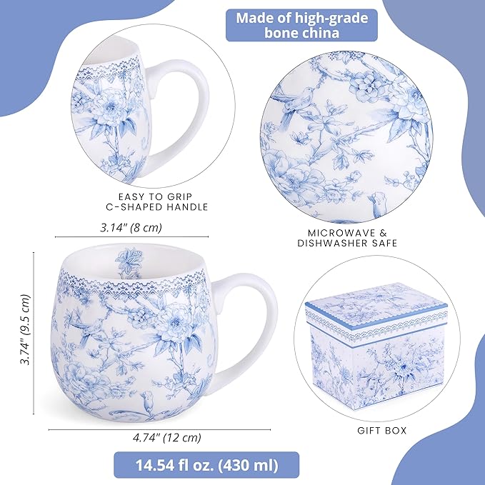 Bone China Blue Flowers Big Belly Mug 14.54 oz (430 ml) in Gift Box, Coffee Tea Mug - Bloomnest
