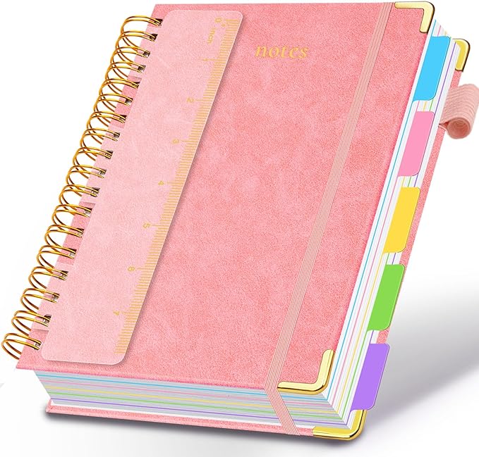 Hardcover Spiral Notebook 6.2"x 8.2" Journal Notebook with Tabs and Removable Dividers 300 Pages 5 Subject Notebook College Ruled, Faux Leather Spiral Bound Notebook for Women School Work (Pink) - Bloomnest