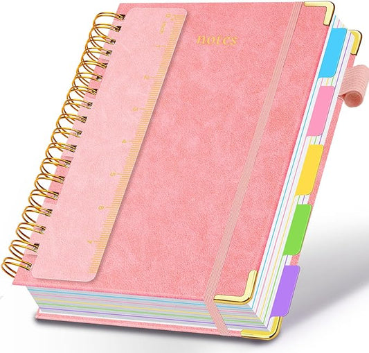Hardcover Spiral Notebook 6.2"x 8.2" Journal Notebook with Tabs and Removable Dividers 300 Pages 5 Subject Notebook College Ruled, Faux Leather Spiral Bound Notebook for Women School Work (Pink) - Bloomnest