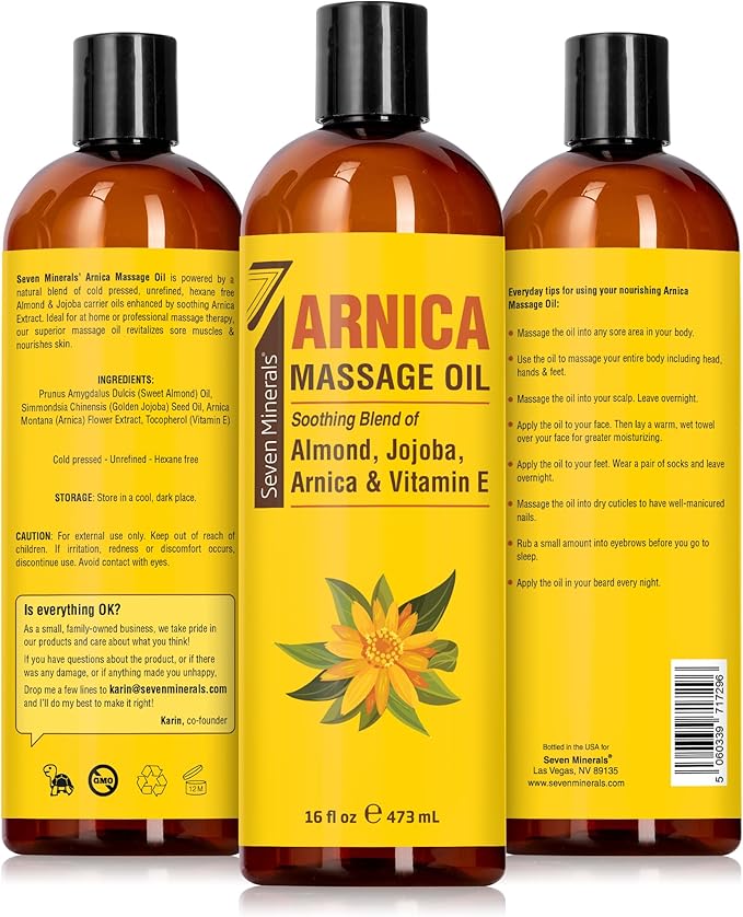 Seven Minerals Arnica Sore Muscle Massage Oil for Massage Therapy - Big 16 oz - Ideal for Professional or at-Home Body Massage. Soothing Natural Blend of Almond, Jojoba & Vitamin E