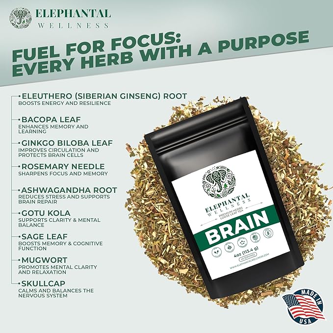 Elephantal Wellness Premium Brain Herbal Tea | Nootropic Focus & Mental Clarity Support with Ginkgo, Bacopa, Ashwagandha & Gotu Kola | Handmade, Caffeine-Free, Non-GMO Loose Leaf Blend, 4oz Loose Leaf, 40 Servings - Bloomnest