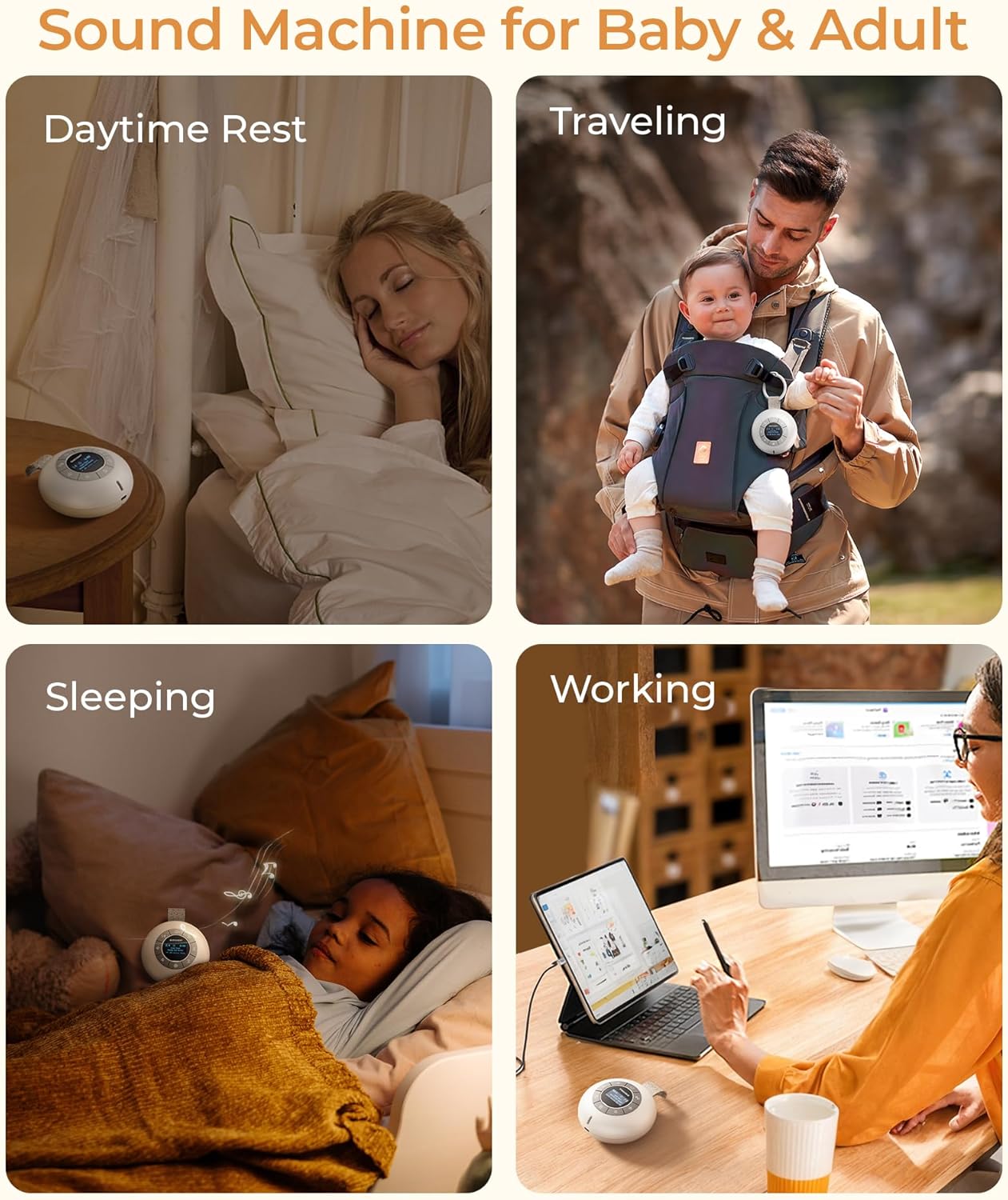 Glocusent Portable Sound Machine for Baby Kids Adults - 62 Sounds & 5W Stereo Speaker for Sleeping, 30Hrs Long Lasting Rechargeable White Noise Sound Machine with 4 Timer, Suitable for Home Travel