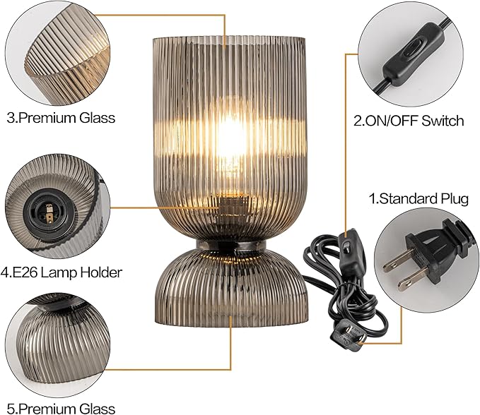 Modern Table Lamp,Glass Mid Century Lamp with Smoky Gray Glass Shade, Bedside Lamp with On/Off Switch, Minimalist Nightstand Lamp for Bedroom, Living Room, Office (Bulb not Included) - Bloomnest