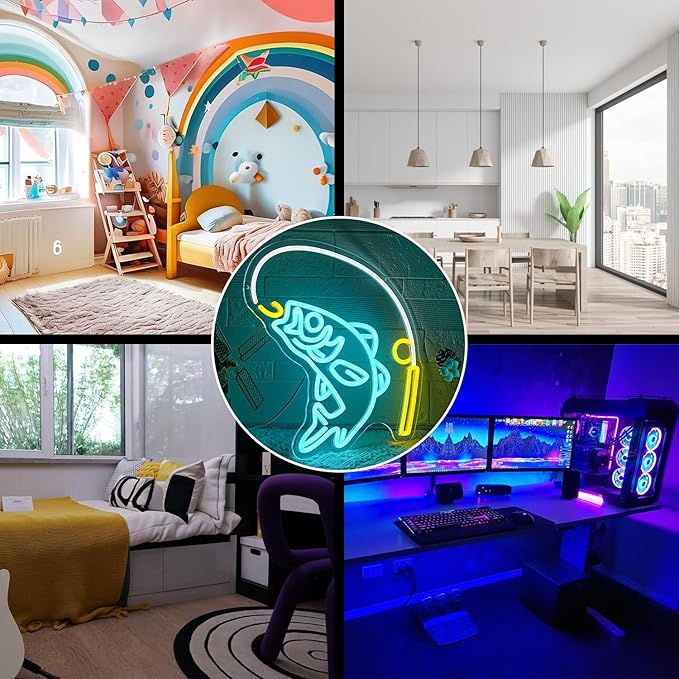 Fishing Neon Sign for Wall Decor Fish Neon Light Fishing Hook Neon Light Sign Go Fishing LED Light for Fishing Shop Fishing Gear Store Fisher Club Room Man Cave - Bloomnest