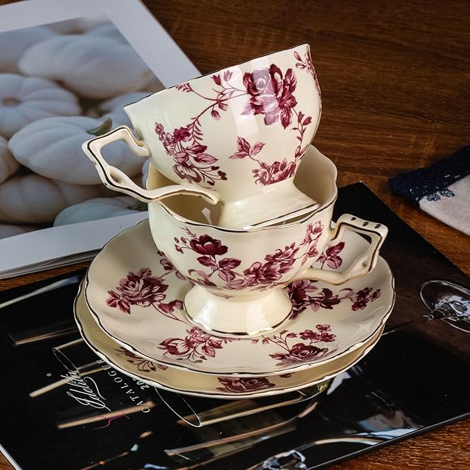 KAMMAK Tea Cups and Saucers Set of 2, Porcelain Coffee Cups, 7-Ounce Stackable Espresso Mugs, Ceramic Demitasse for Coffee, Latte, Americano, Tea, Red Orchid - Bloomnest