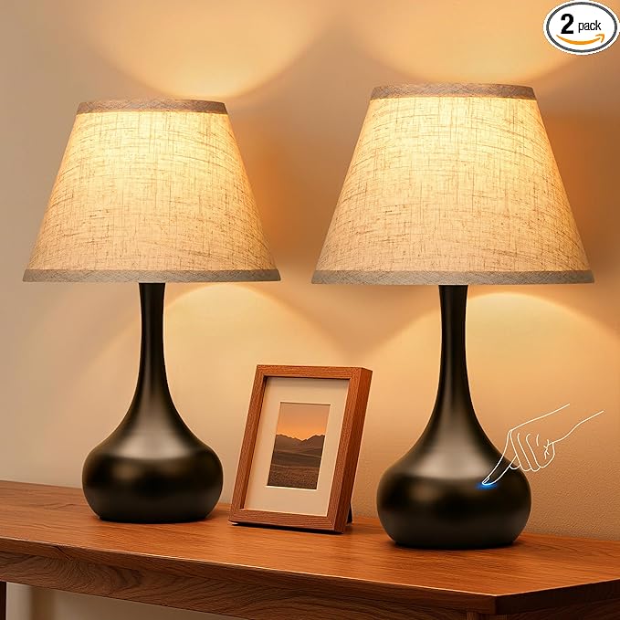 Touch Table Lamp for Bedroom Set of 2, 3-Way Dimmable Bedside Lamp for Nightstand, 17” Farmhouse Metal Desk Lamp with Linen Shade for Living Room, Kids Reading, Dorm, Home Office Decor, Bulb Included - Bloomnest