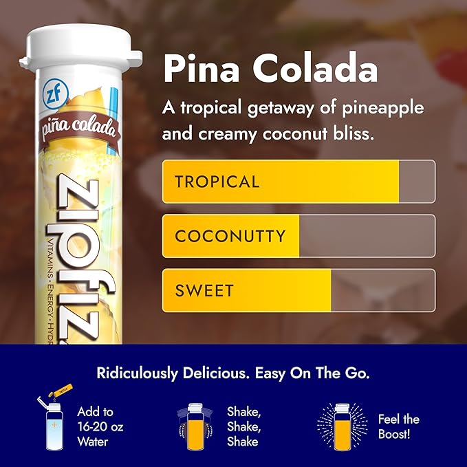 Zipfizz Daily Energy Drink Powder, Pina Colada, 20 Pack | 3-in-1 Sustained Energy, Rapid Hydration, and Essential Vitamins | Sugar-Free | Electrolyte Powder | Contains Vitamin B-12 & Antioxidants - Bloomnest