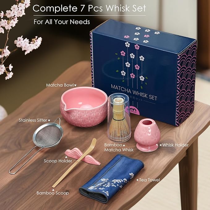7Pcs Matcha Whisk Set, Ceramic Matcha Bowl with Spout, Bamboo Whisk and Holder,Bamboo Scoop,Scoop Rest,Sifter,Tea Towel, Matcha Kit with Cherry Blossom Carved Patterns for Matcha Lovers (Sakura Pink) - Bloomnest