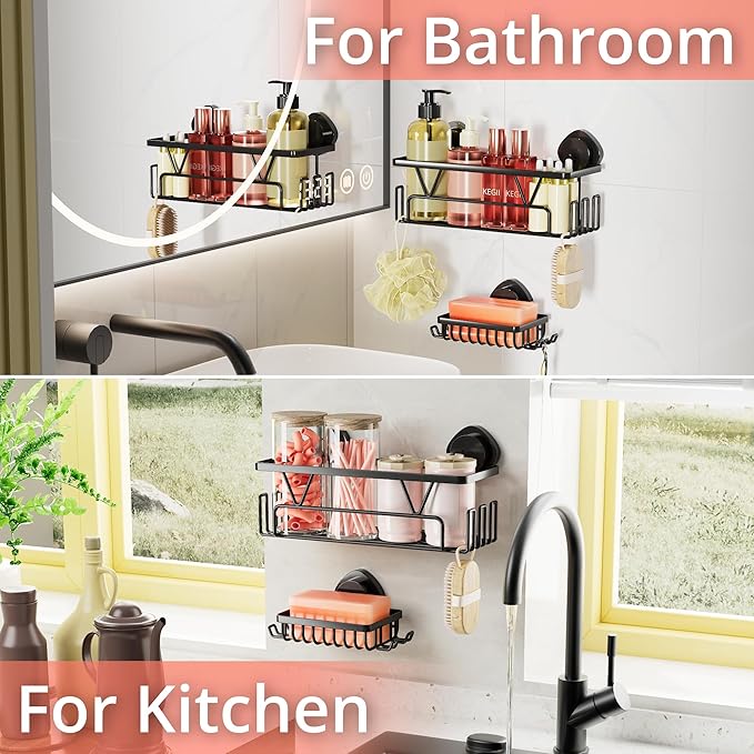 KEGII Suction Cup Shower Caddy, 2 Pack Shower Suction Shelf with Soap Holder & Hooks, No Drilling Bathroom Organizer, Stainless Steel Shampoo Holder for Bathroom Storage Basket, Black - Bloomnest