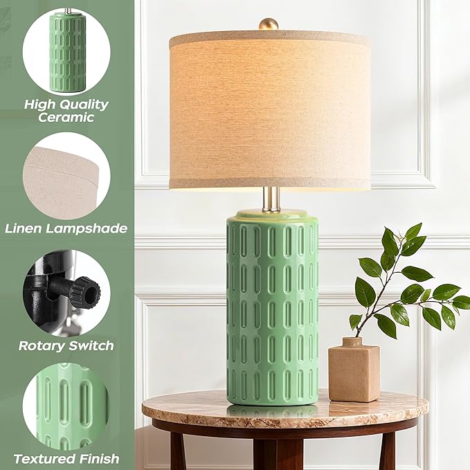 PARTPHONER 23" Farmhouse Modern Ceramic Table Lamp Set of 2 - Green Bedside Lamps for Bedroom & Living Room, Nightstand, Desk, End Table - Bloomnest
