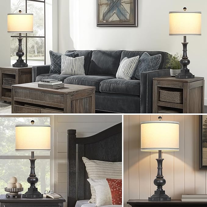 Farmhouse Lamps Set of 2, Vintage Rustic Black Table Lamps with USB A+C Fast Ports & AC Outlets, Traditional Nightstand Bedside Lamp for Living Room Bedrooms Home Office(2 LED Bulbs Included) - Bloomnest
