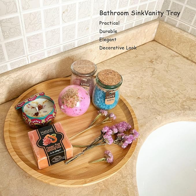 Wood Vanity Tray, Bathroom Counter Solid Walnut Organizer, Toilet Tank Top Wooden Serving Plate for Dinner Tea Coffee (Natural Bamboo Color, 9.8 x 9.8 inch) - Bloomnest