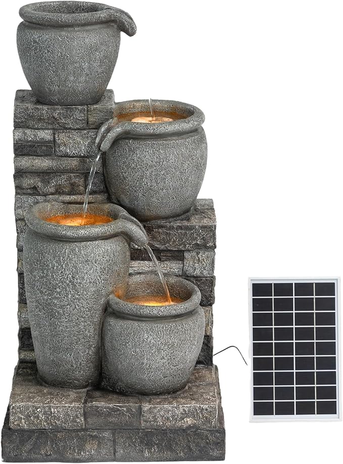 Teamson Home 30.7" 4-Tier Cascading Bowl Solar Powered Water Fountain for Outdoor Living Spaces, Gray - Bloomnest