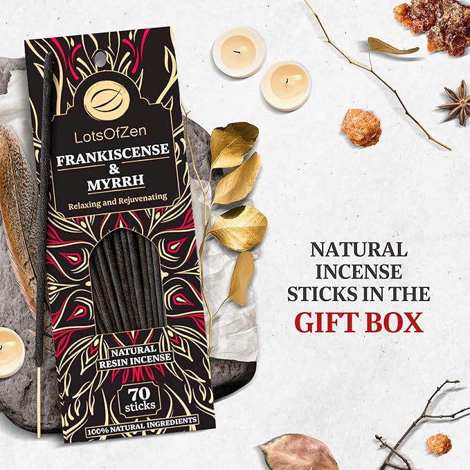 Frankincense and Myrrh Incense Sticks (70 Pack) – Long Burning Natural Resin Smudge Kit for Spiritual Cleansing, Meditation & Energy Balance LotsOfZen