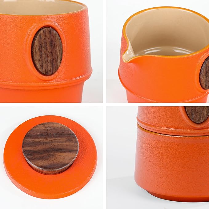 fanquare Travel Ceramic Tea Pot Set with Anti-scald Inlay, Chinese Gongfu Teapot with Infuser, 3 Porcelain Tea Cups and Portable Bag for Outdoor Use, Convenient Tea Service, Orange