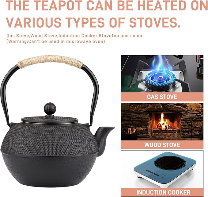 Small Tea Kettle, 40oz Tea Pot, Japanese Tetsubin, Cast Iron Teapot with Infuser for Stovetop Safe Coated with Enameled Interior (Black, 1200ml) - Bloomnest