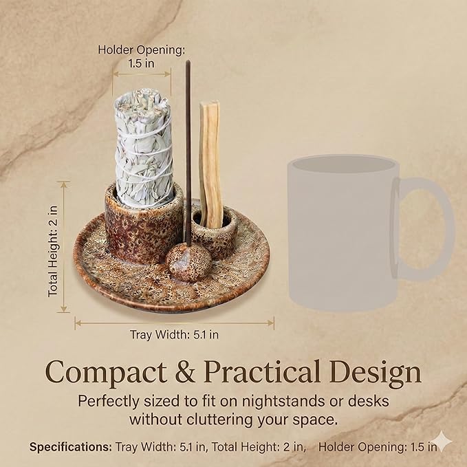 Palo Santo Sticks Holder, Multi-Purpose Handmade Ceramic Incense Burner for Palo Santo Incense Sticks, Sage Holder for Burning, Ash Catcher Tray for Meditation Yoga Room-Brown White ToolSentryX