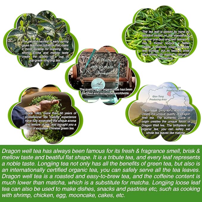 EFOOFAN Organic Dragonwell Green Tea Loose Leaf, 3.53oz/100g, USDA/EC Certified, 2nd Pick/YuQian Chinese Tea Leaves, Longjing Cha - Bloomnest